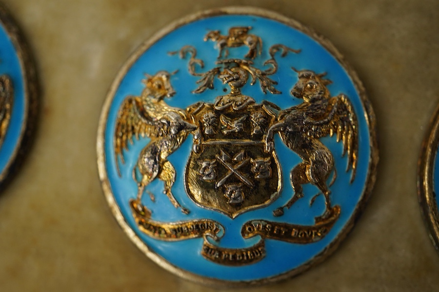 A George V set of 6 blue enamelled silver gilt buttons with armorial and motto 'cumnia subjescisti subpedieue oves et loves', Elkington and Co, Crown Jewellers, Chester 1904, in original case inscribed 'With The Complime